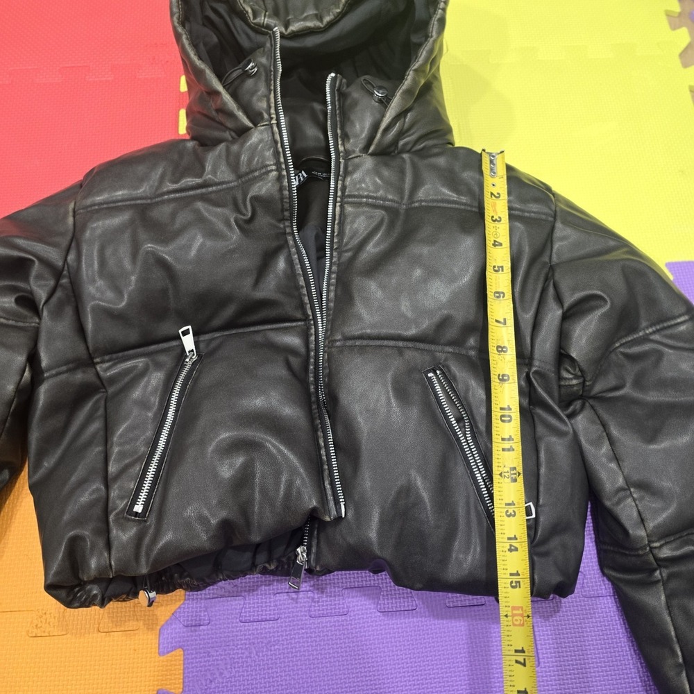 ZARA Faux Leather Puffer‎ Jacket Hooded - Distressed/Vintage Look - Size XS